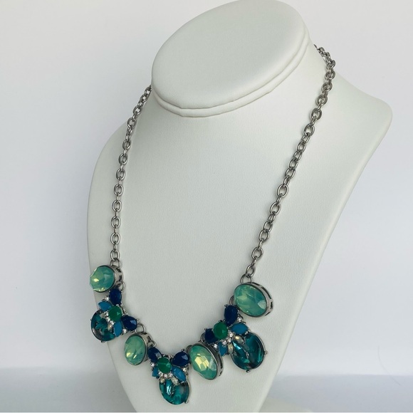 Blue Green Cabochon Rhinestone Silver Tone Statement Necklace - Picture 2 of 6